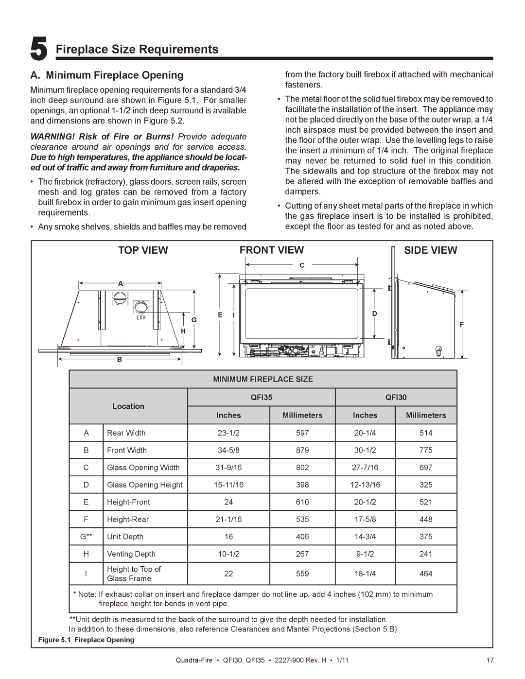 Quadra-Fire QF130 owner manual Fireplace Size Requirements, Minimum Fireplace Opening, Minimum Fireplace Size, QFI35 QFI30 