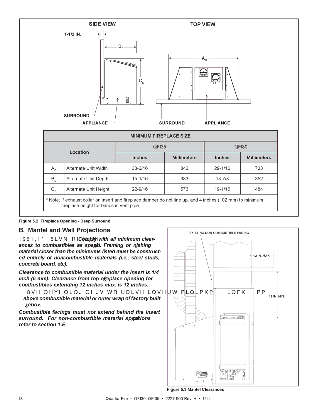 Quadra-Fire QF130 owner manual Mantel and Wall Projections, Side View TOP View 