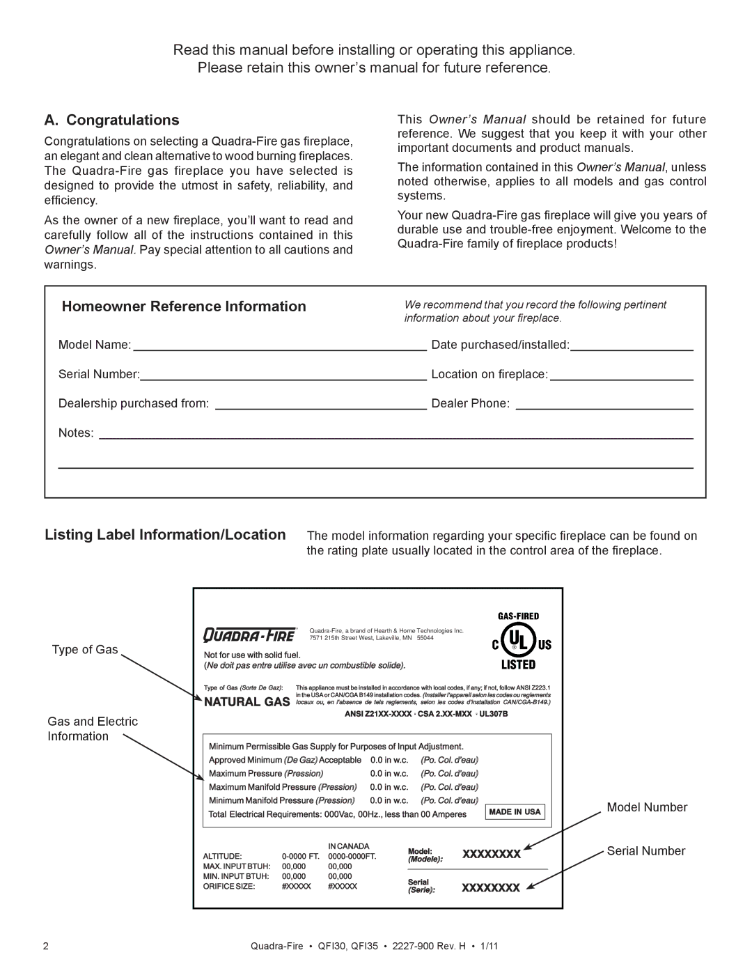 Quadra-Fire QF130 owner manual Congratulations, Homeowner Reference Information, Xxxxxxxx 