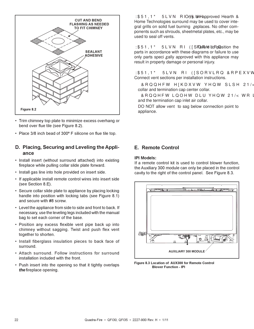 Quadra-Fire QF130 owner manual Placing, Securing and Leveling the Appli- ance, IPI Models 