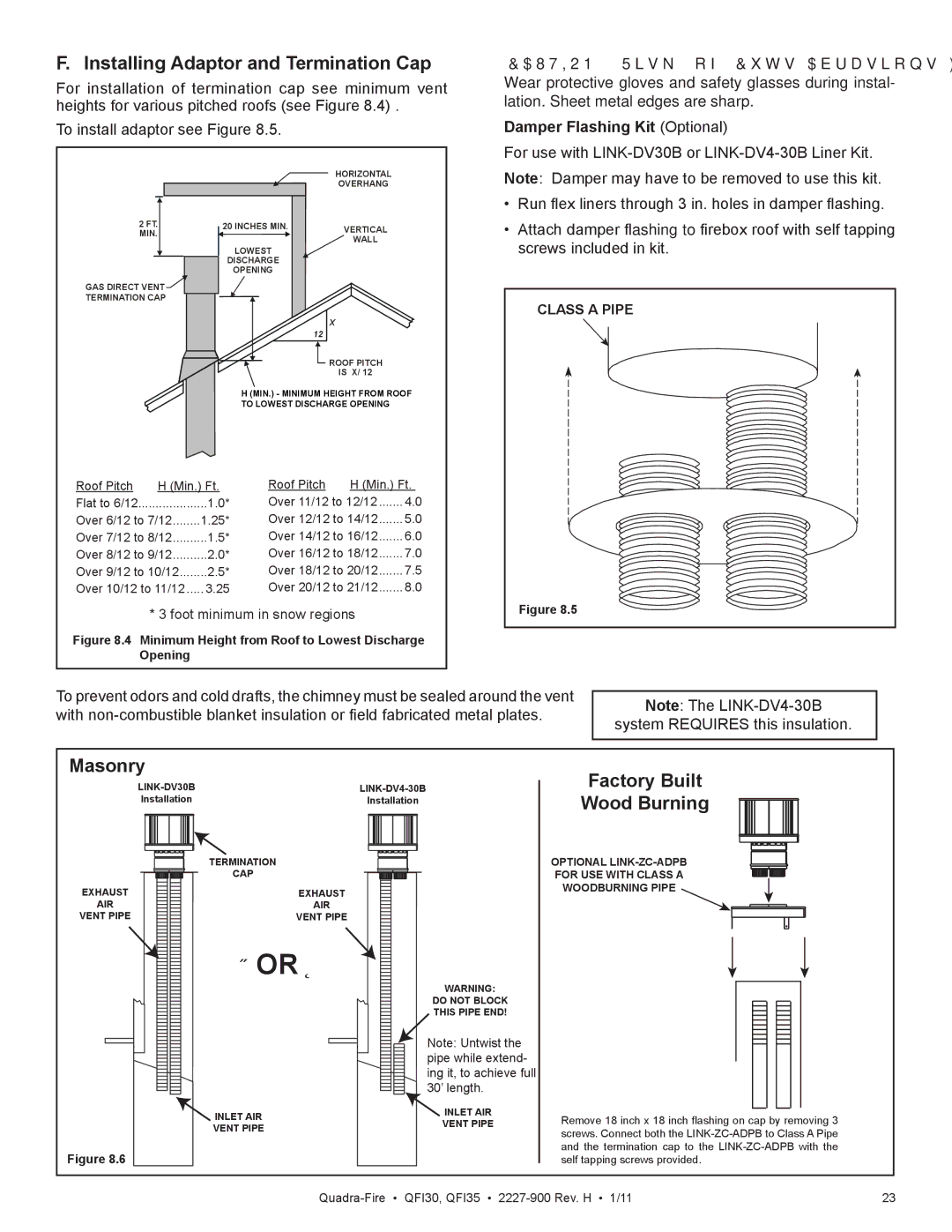 Quadra-Fire QF130 owner manual Installing Adaptor and Termination Cap, Masonry, Factory Built Wood Burning, Class a Pipe 