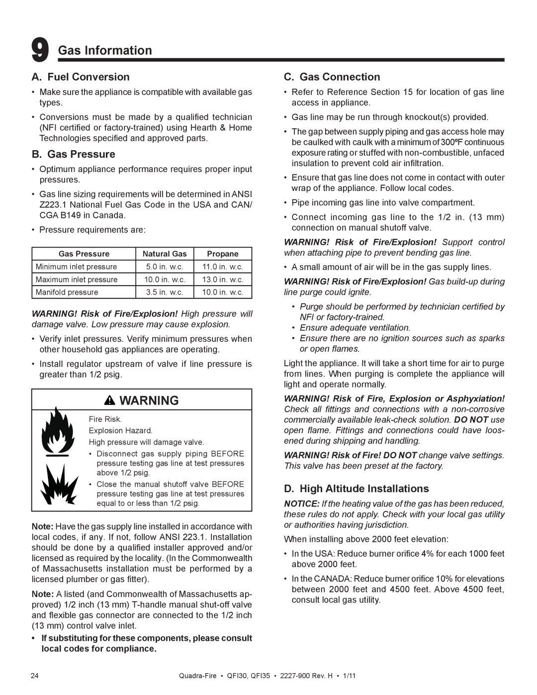 Quadra-Fire QF130 owner manual Gas Information, Fuel Conversion, Gas Pressure, Gas Connection 