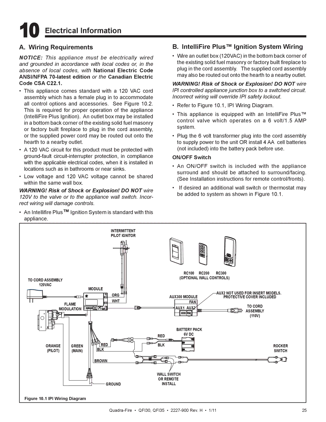 Quadra-Fire QF130 Electrical Information, Wiring Requirements, IntelliFire Plus Ignition System Wiring, Code CSA C22.1 