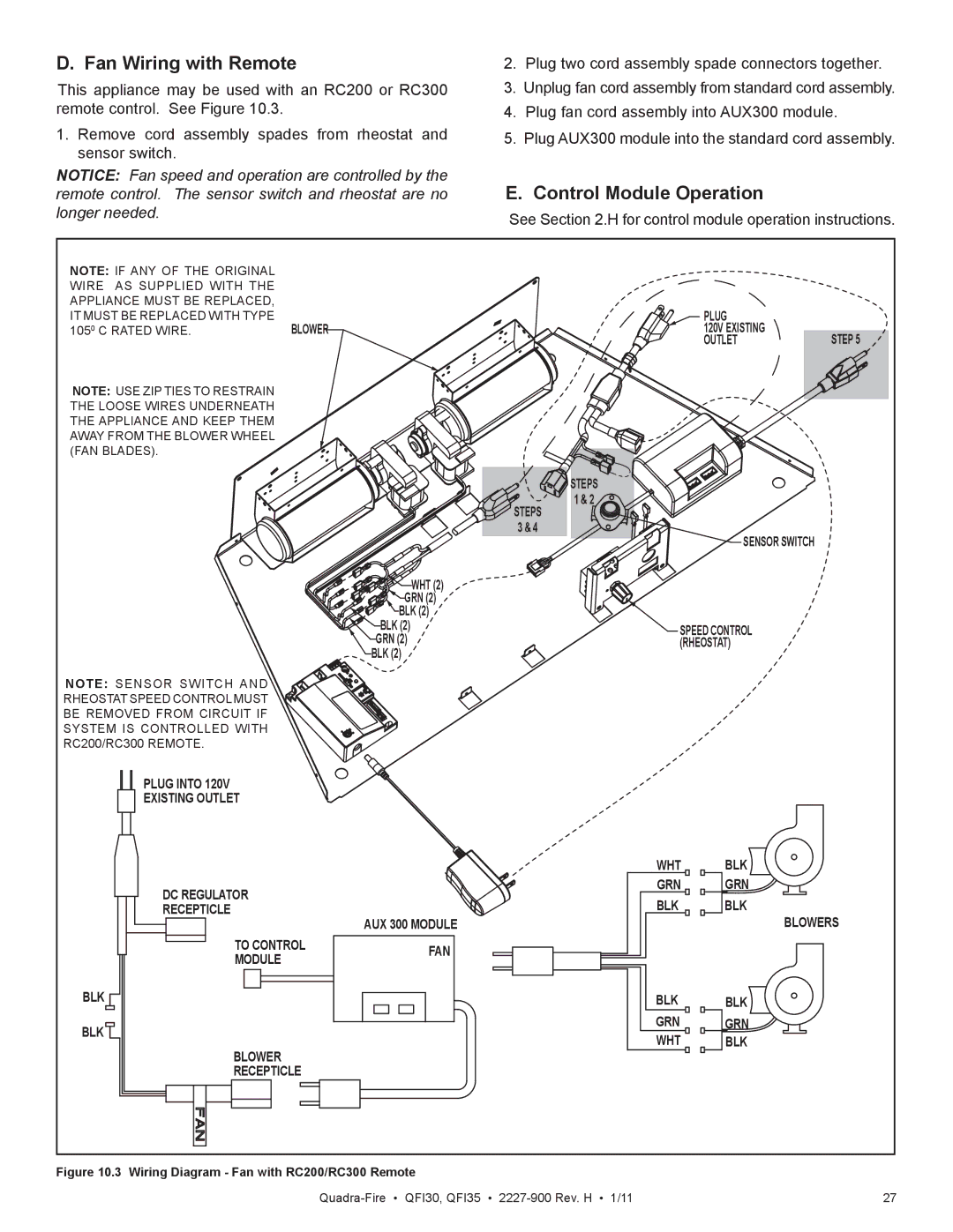 Quadra-Fire QF130 owner manual Fan Wiring with Remote, AUX 300 Module FAN WHT GRN BLK Blowers 