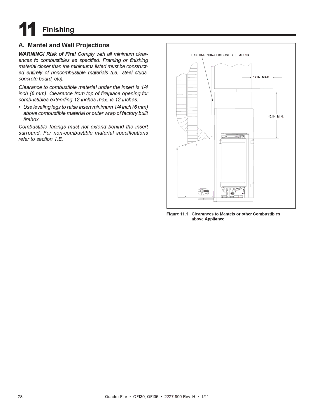 Quadra-Fire QF130 owner manual Finishing, Clearances to Mantels or other Combustibles above Appliance 