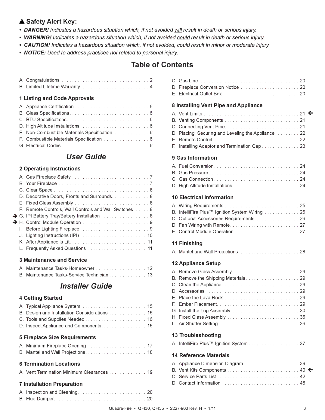 Quadra-Fire QF130 owner manual Table of Contents, User Guide 