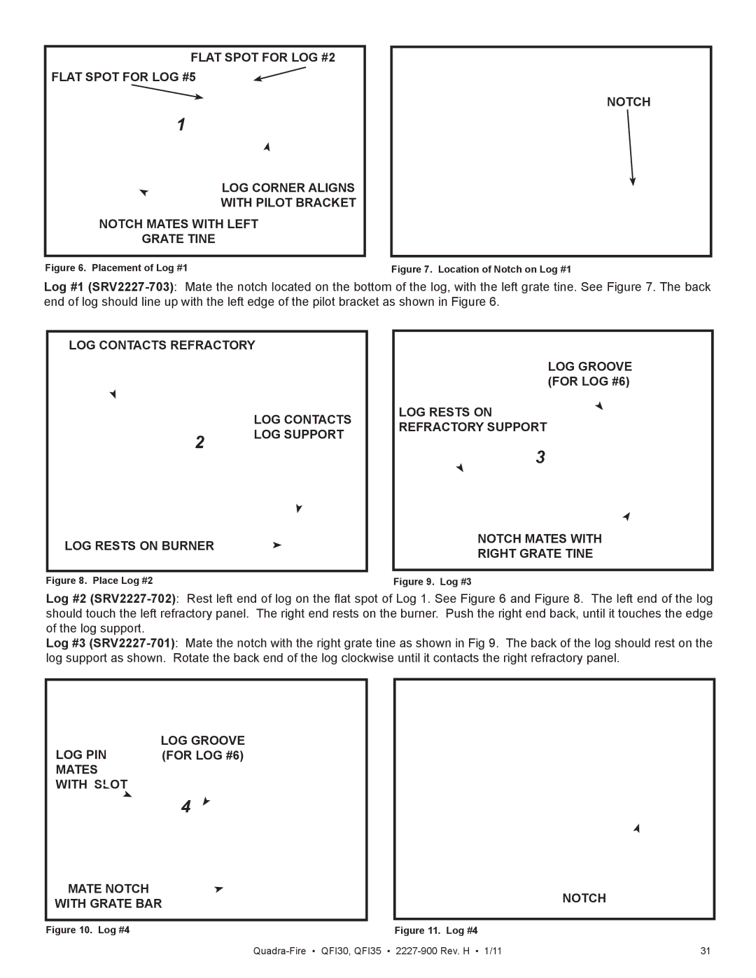 Quadra-Fire QF130 owner manual For LOG #6, Mates With Slot Mate Notch With Grate BAR 