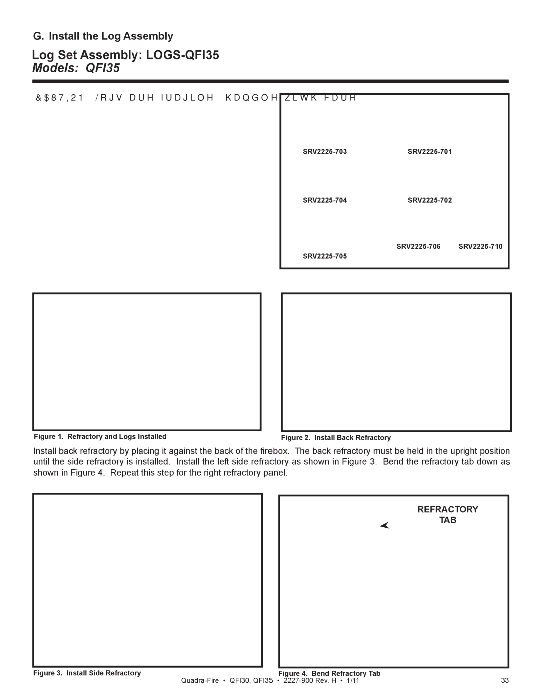 Quadra-Fire QF130 owner manual Log Set Assembly LOGS-QFI35 Models QFI35, Install Back Refractory 