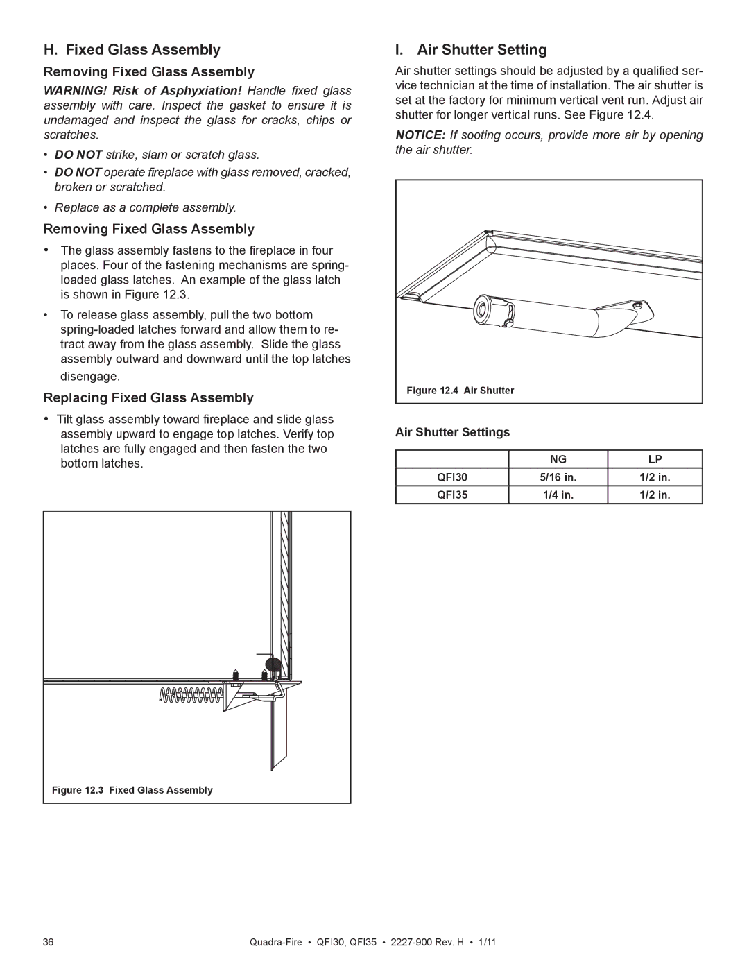 Quadra-Fire QF130 owner manual Air Shutter Settings, QFI30 QFI35 