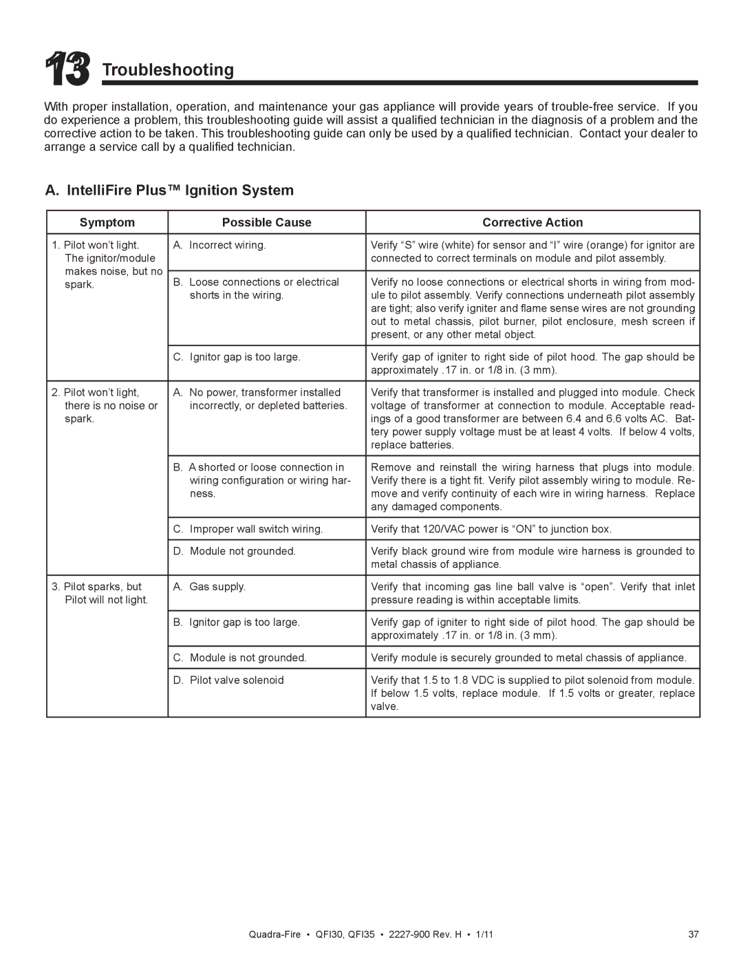 Quadra-Fire QF130 owner manual Troubleshooting, IntelliFire Plus Ignition System, Symptom Possible Cause Corrective Action 