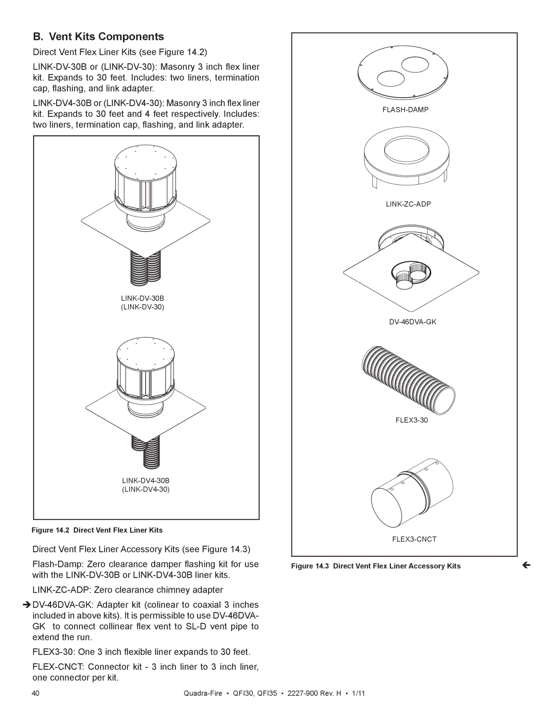 Quadra-Fire QF130 owner manual Vent Kits Components, Direct Vent Flex Liner Kits 