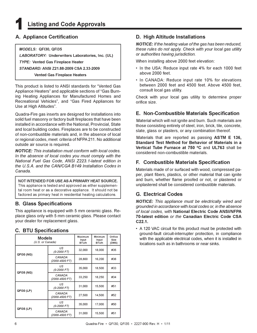 Quadra-Fire QF130 owner manual Listing and Code Approvals 