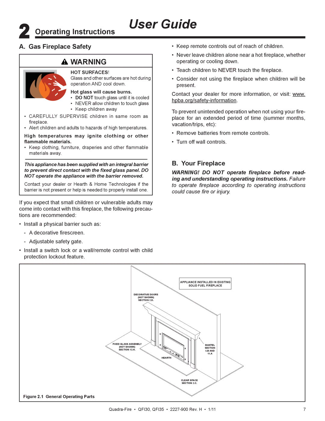 Quadra-Fire QF130 owner manual Operating Instructions User Guide, Gas Fireplace Safety, Your Fireplace 