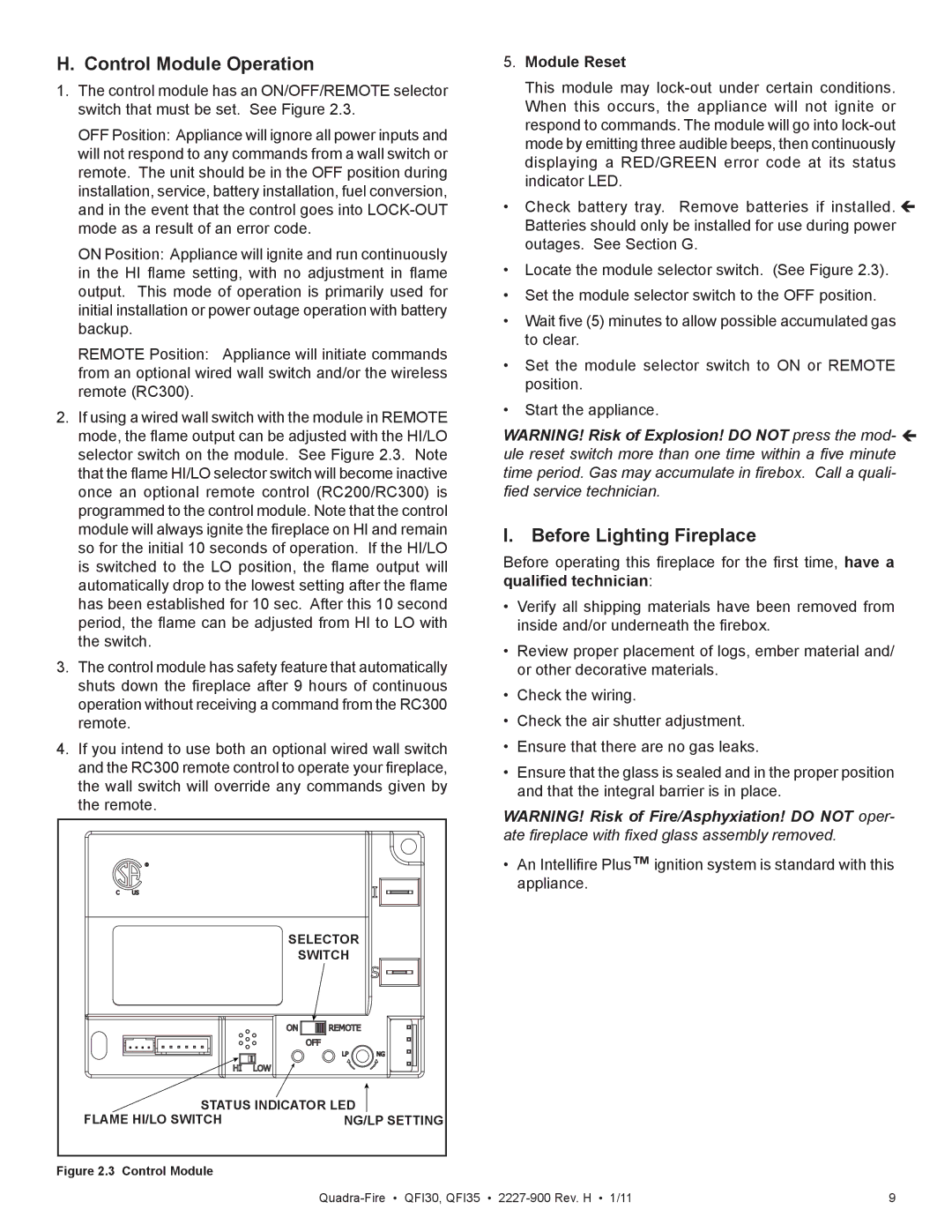 Quadra-Fire QF130 owner manual Control Module Operation, Before Lighting Fireplace, Module Reset 