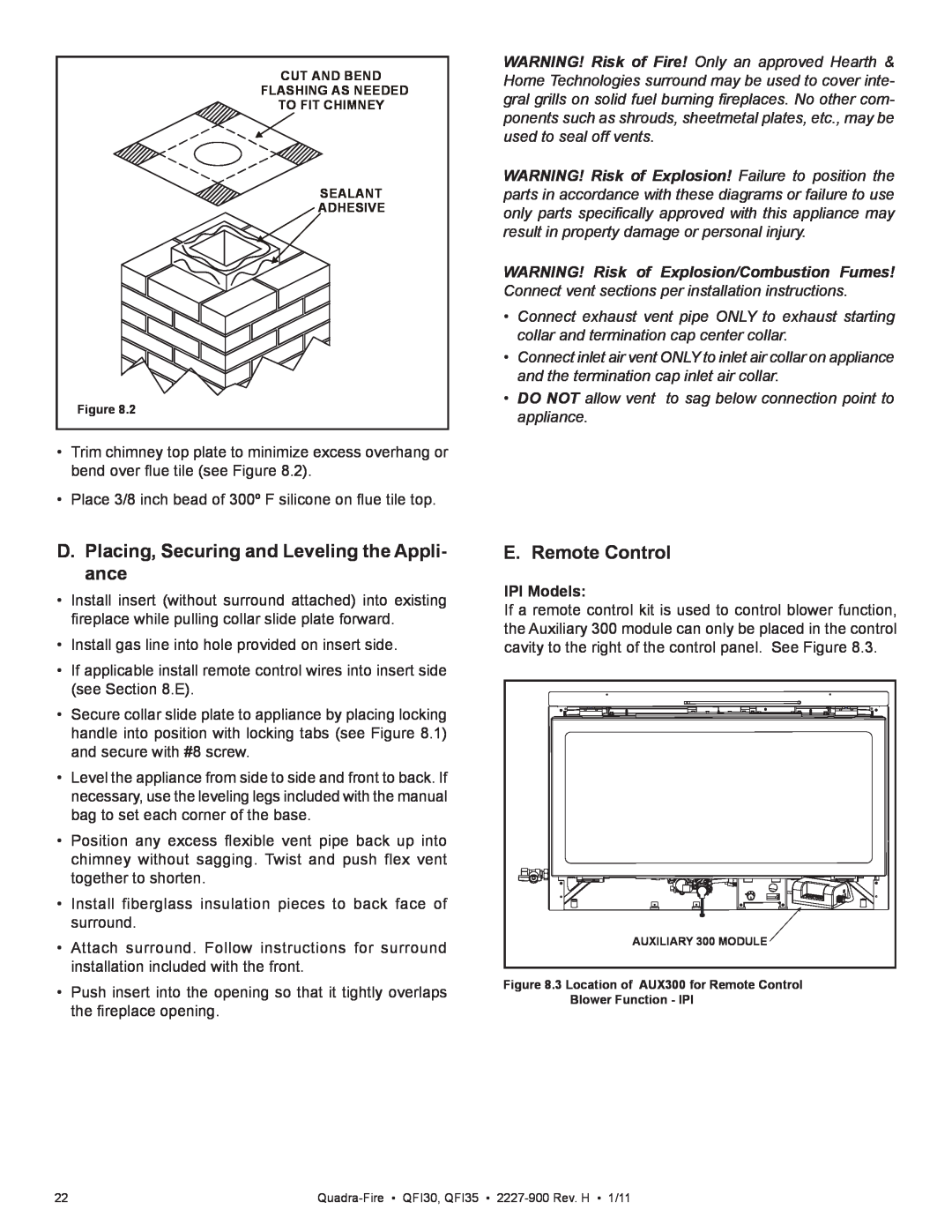 Quadra-Fire QF130 owner manual D.Placing, Securing and Leveling the Appli- ance, E. Remote Control, IPI Models 