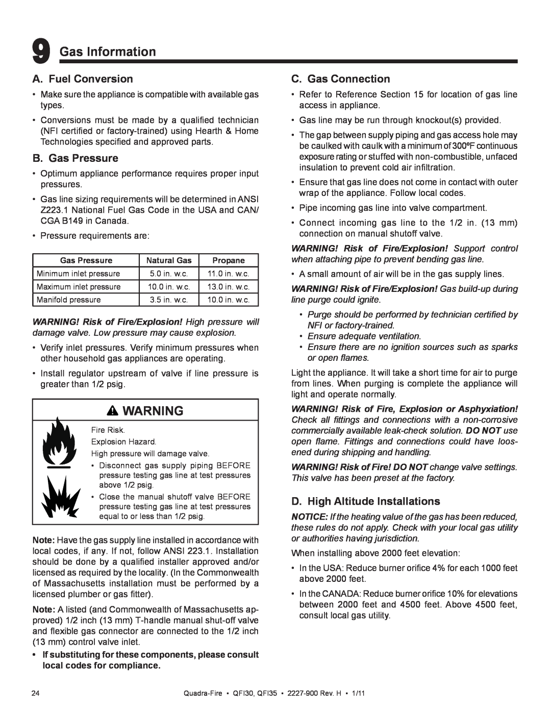 Quadra-Fire QF130 Gas Information, A. Fuel Conversion, B. Gas Pressure, C. Gas Connection, D. High Altitude Installations 