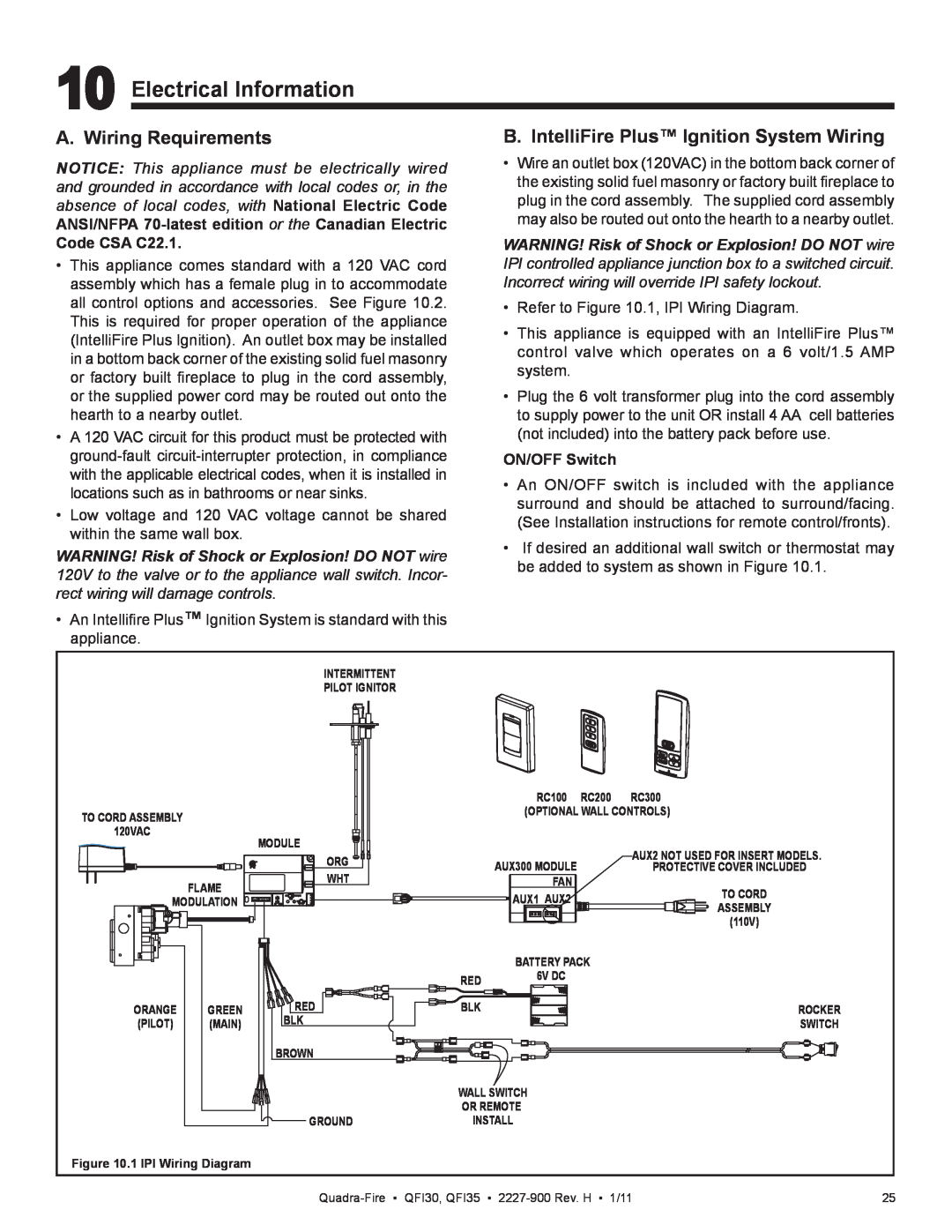 Quadra-Fire QF130 owner manual Electrical Information, A. Wiring Requirements, B. IntelliFire Plus Ignition System Wiring 
