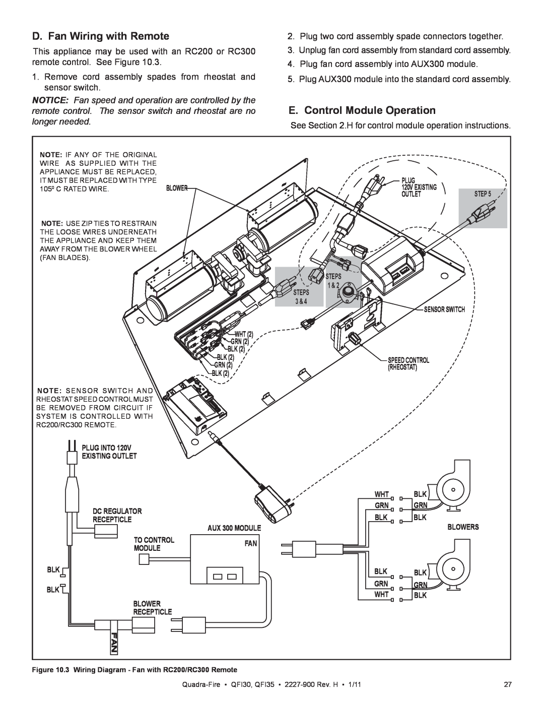 Quadra-Fire QF130 owner manual D. Fan Wiring with Remote, E.Control Module Operation 
