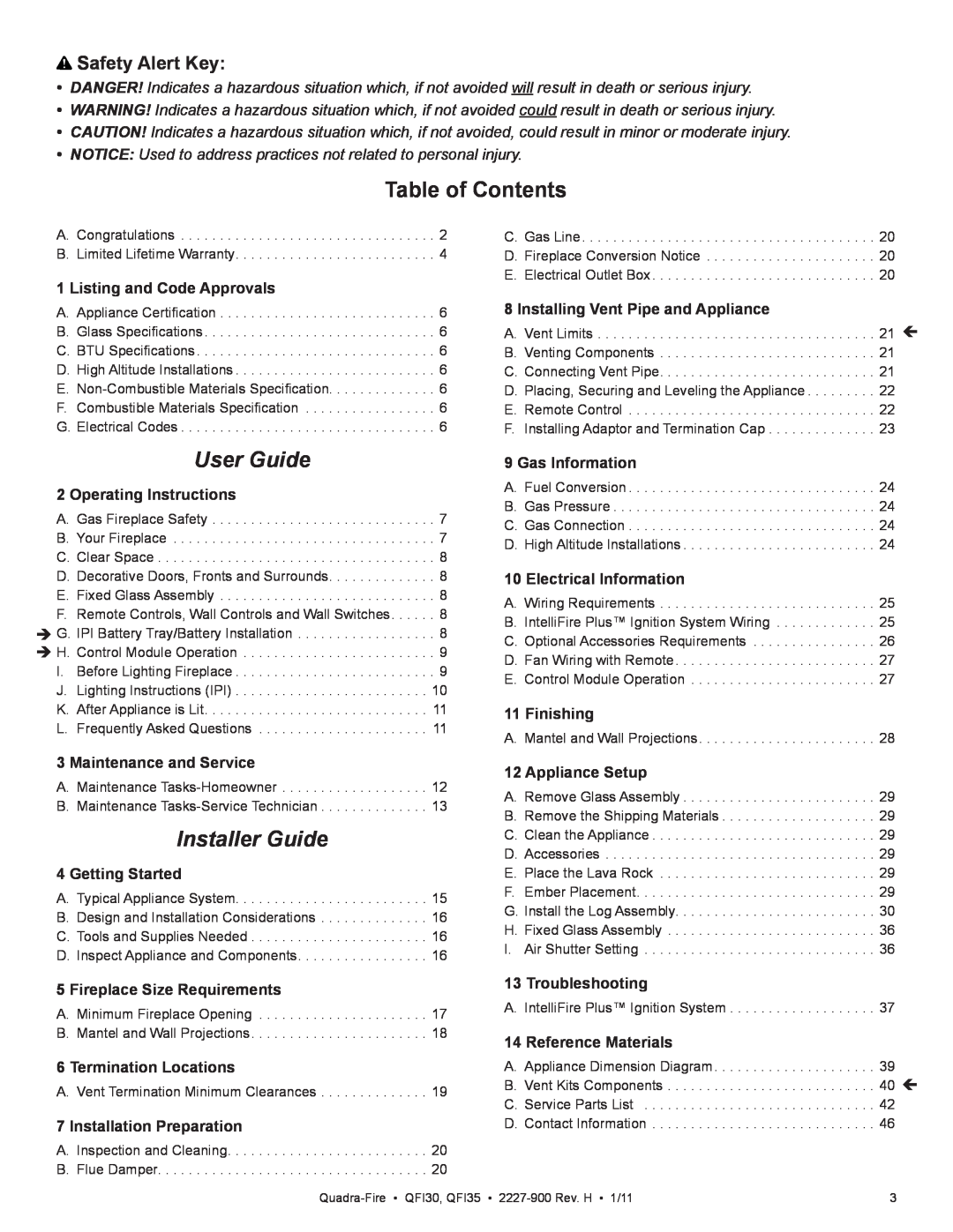 Quadra-Fire QF130 owner manual Table of Contents, Safety Alert Key, User Guide, Installer Guide 