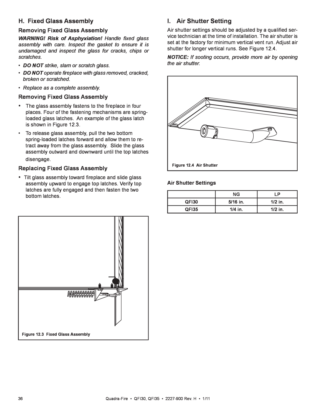 Quadra-Fire QF130 owner manual H. Fixed Glass Assembly, I. Air Shutter Setting, Removing Fixed Glass Assembly 