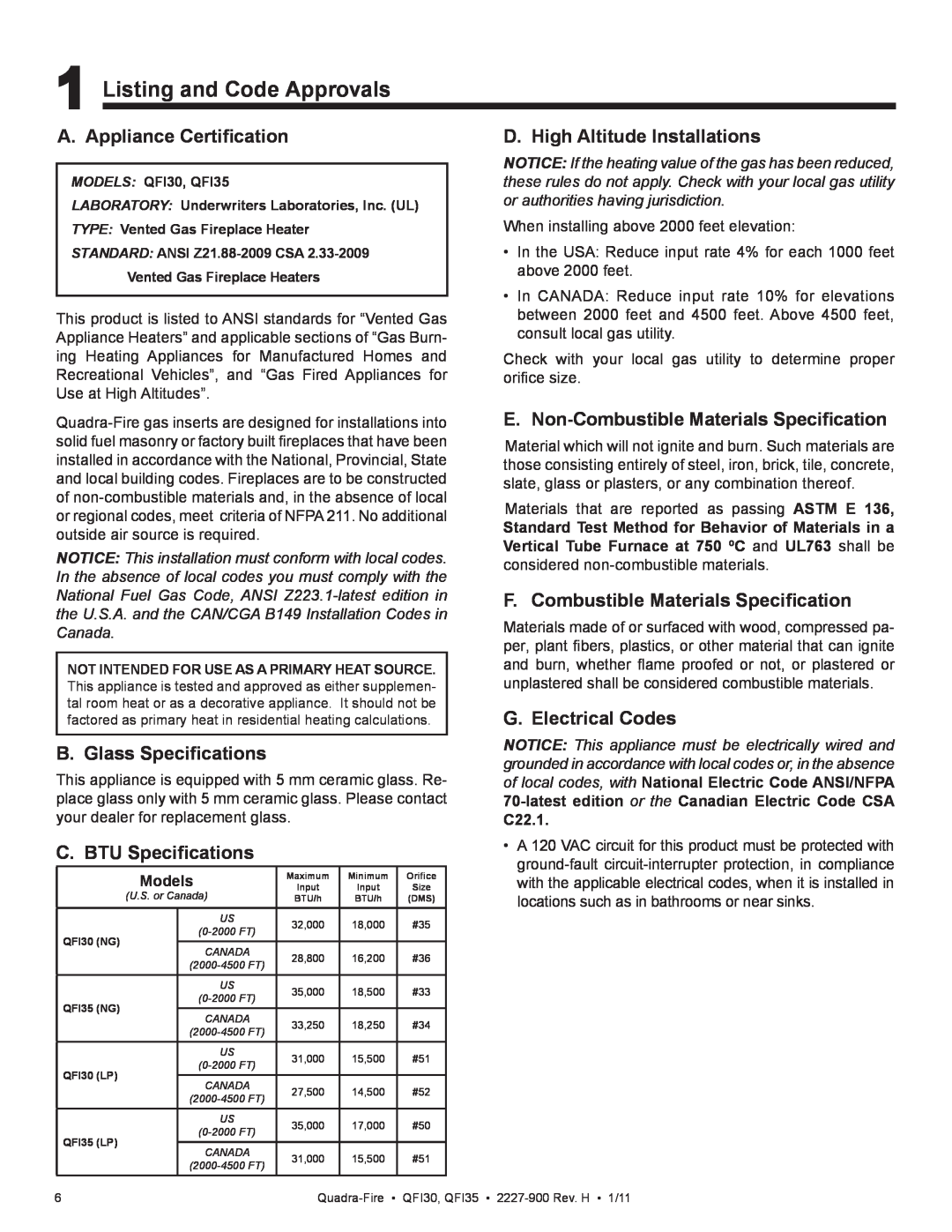 Quadra-Fire QF130 Listing and Code Approvals, A. Appliance Certiﬁcation, B. Glass Speciﬁcations, C. BTU Speciﬁcations 
