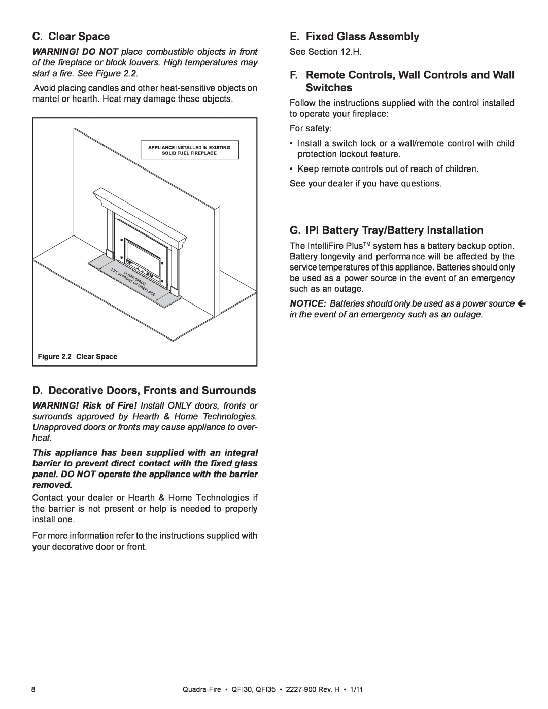 Quadra-Fire QF130 owner manual C. Clear Space, D. Decorative Doors, Fronts and Surrounds, E. Fixed Glass Assembly 