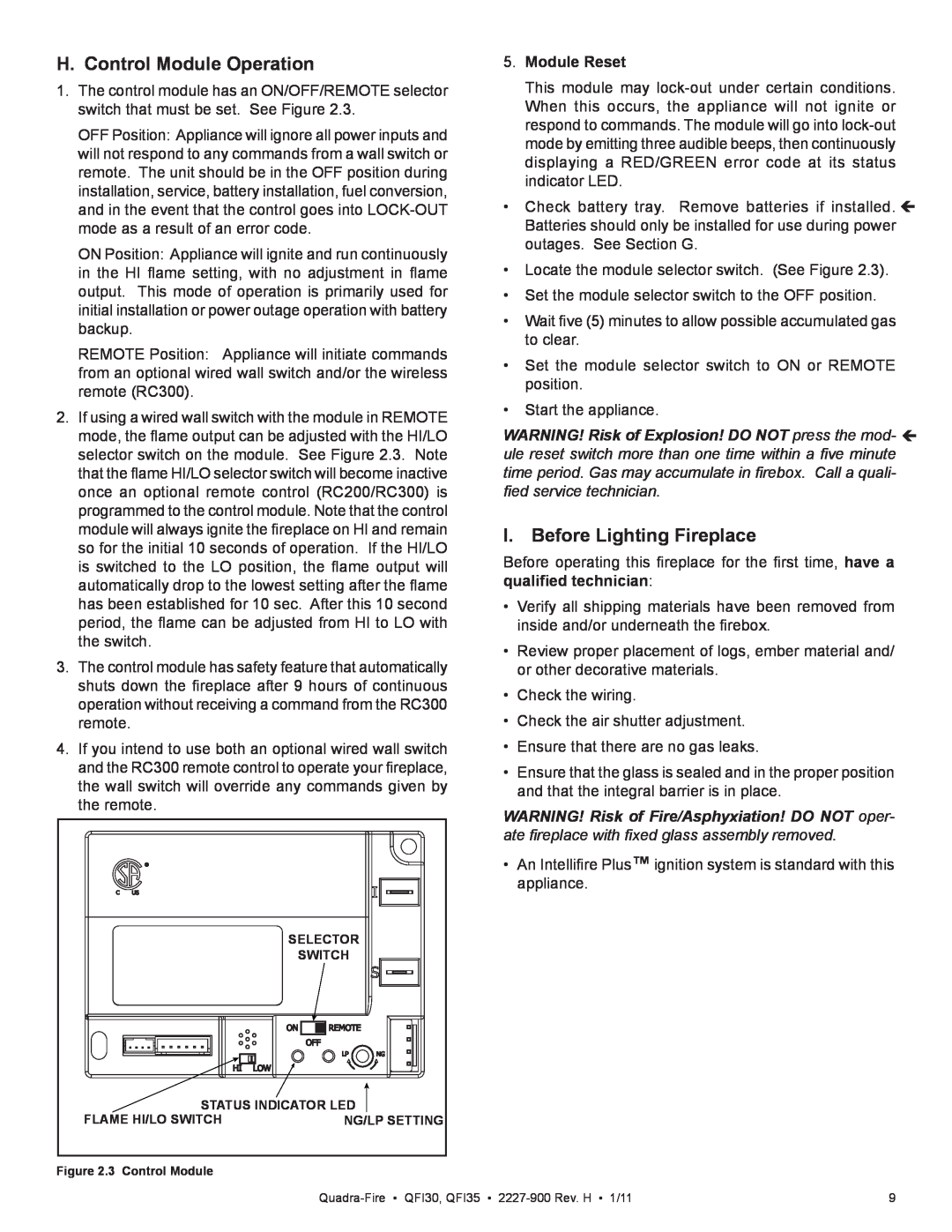 Quadra-Fire QF130 owner manual H. Control Module Operation, I. Before Lighting Fireplace, Module Reset 