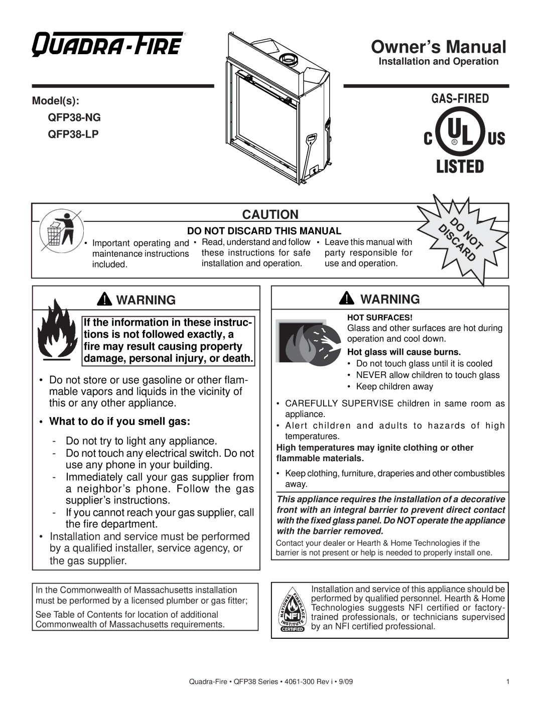 Quadra-Fire QFP38-LP, QFP38-NG owner manual Models, Installation and Operation 