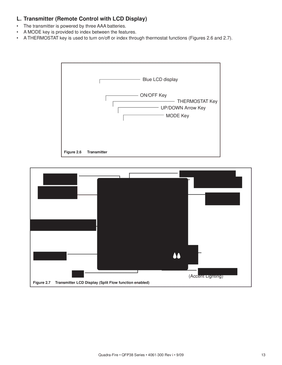Quadra-Fire QFP38-LP, QFP38-NG owner manual Transmitter Remote Control with LCD Display 