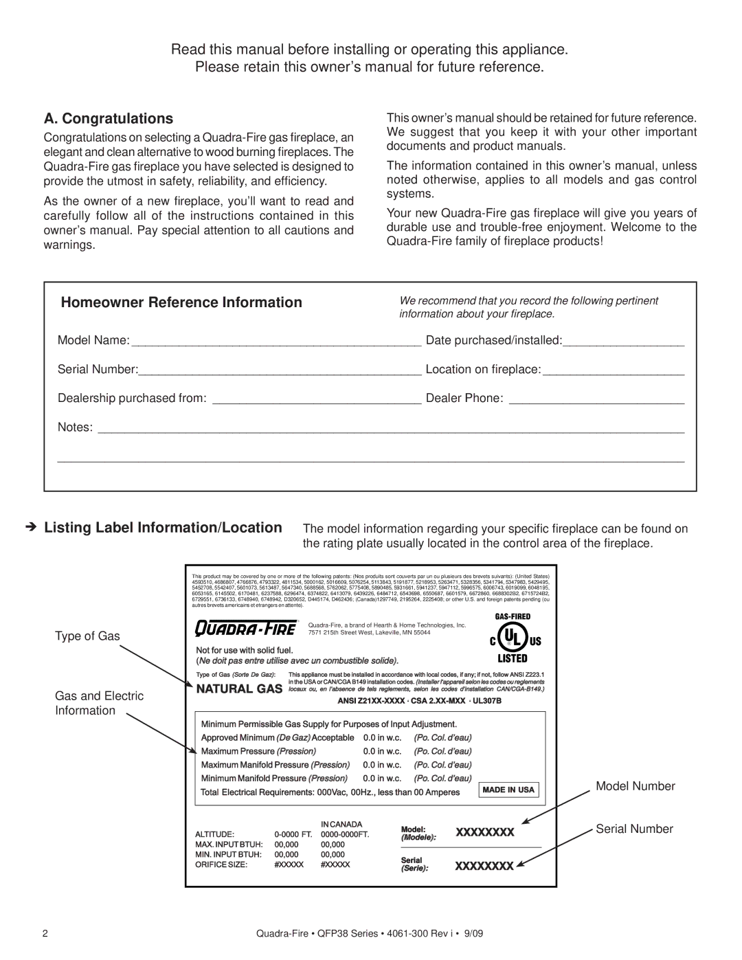 Quadra-Fire QFP38-NG, QFP38-LP owner manual Congratulations, Homeowner Reference Information, Model Number Serial Number 