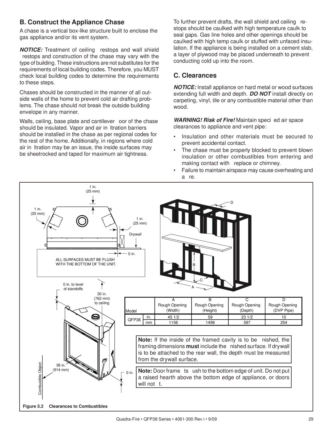 Quadra-Fire QFP38-LP, QFP38-NG owner manual Construct the Appliance Chase, Clearances 