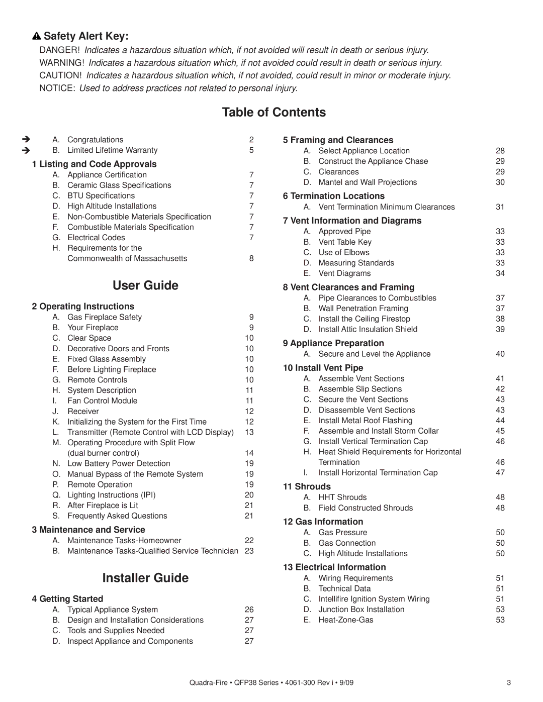 Quadra-Fire QFP38-LP, QFP38-NG owner manual Table of Contents 