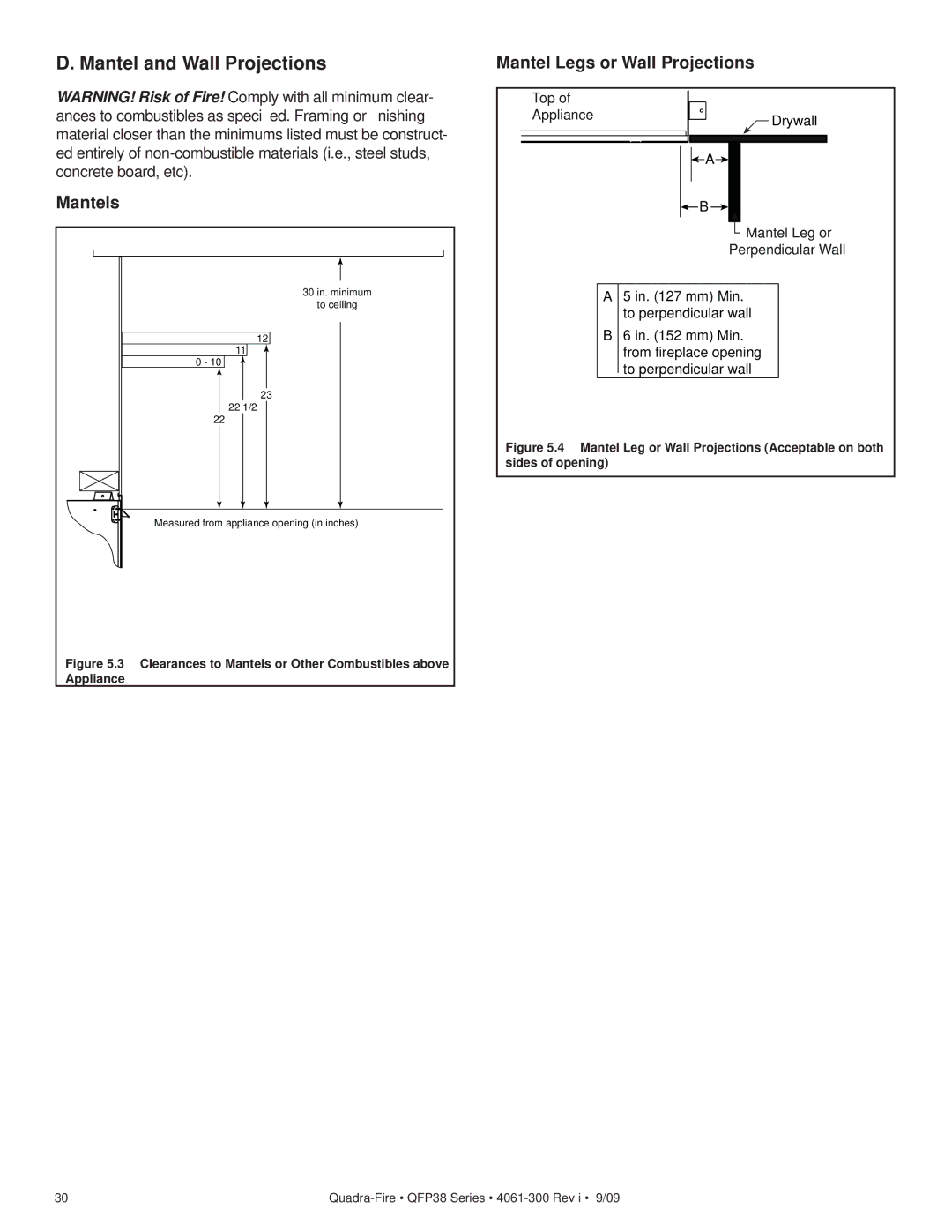 Quadra-Fire QFP38-NG, QFP38-LP owner manual Mantel and Wall Projections, Mantels, Mantel Legs or Wall Projections 