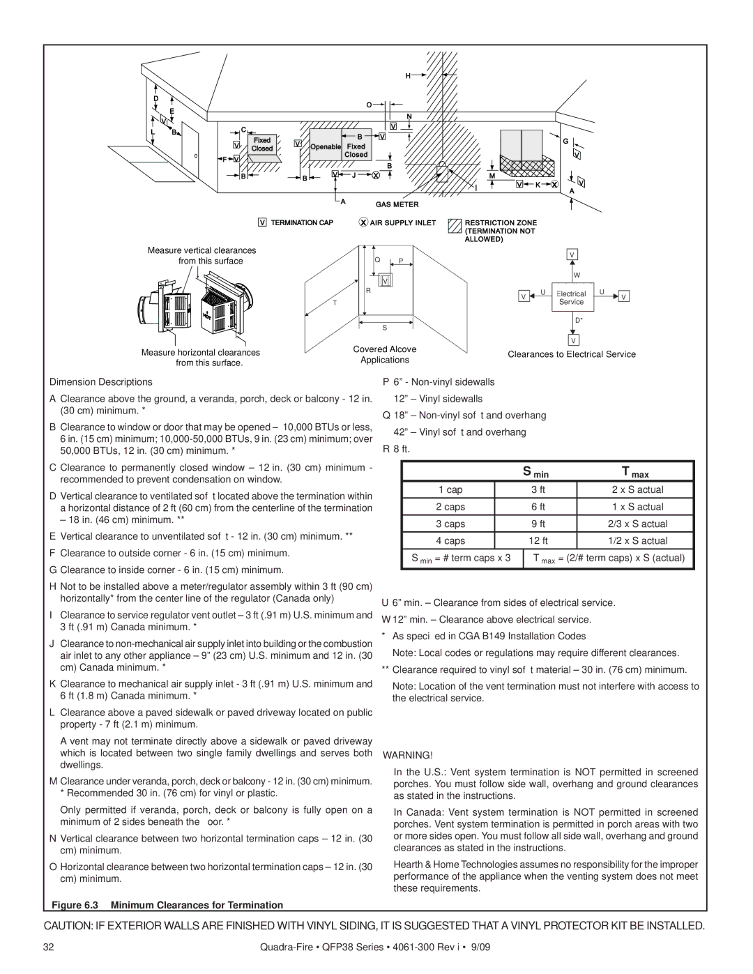 Quadra-Fire QFP38-NG, QFP38-LP owner manual Minimum Clearances for Termination 