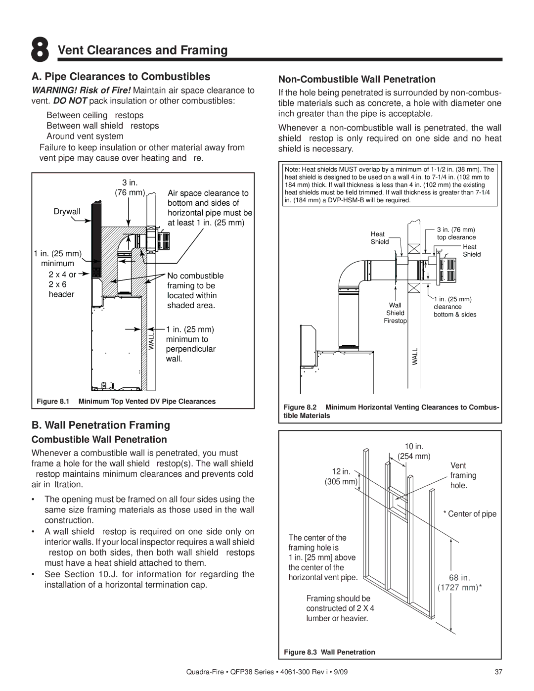 Quadra-Fire QFP38-LP, QFP38-NG Vent Clearances and Framing, Pipe Clearances to Combustibles, Wall Penetration Framing 