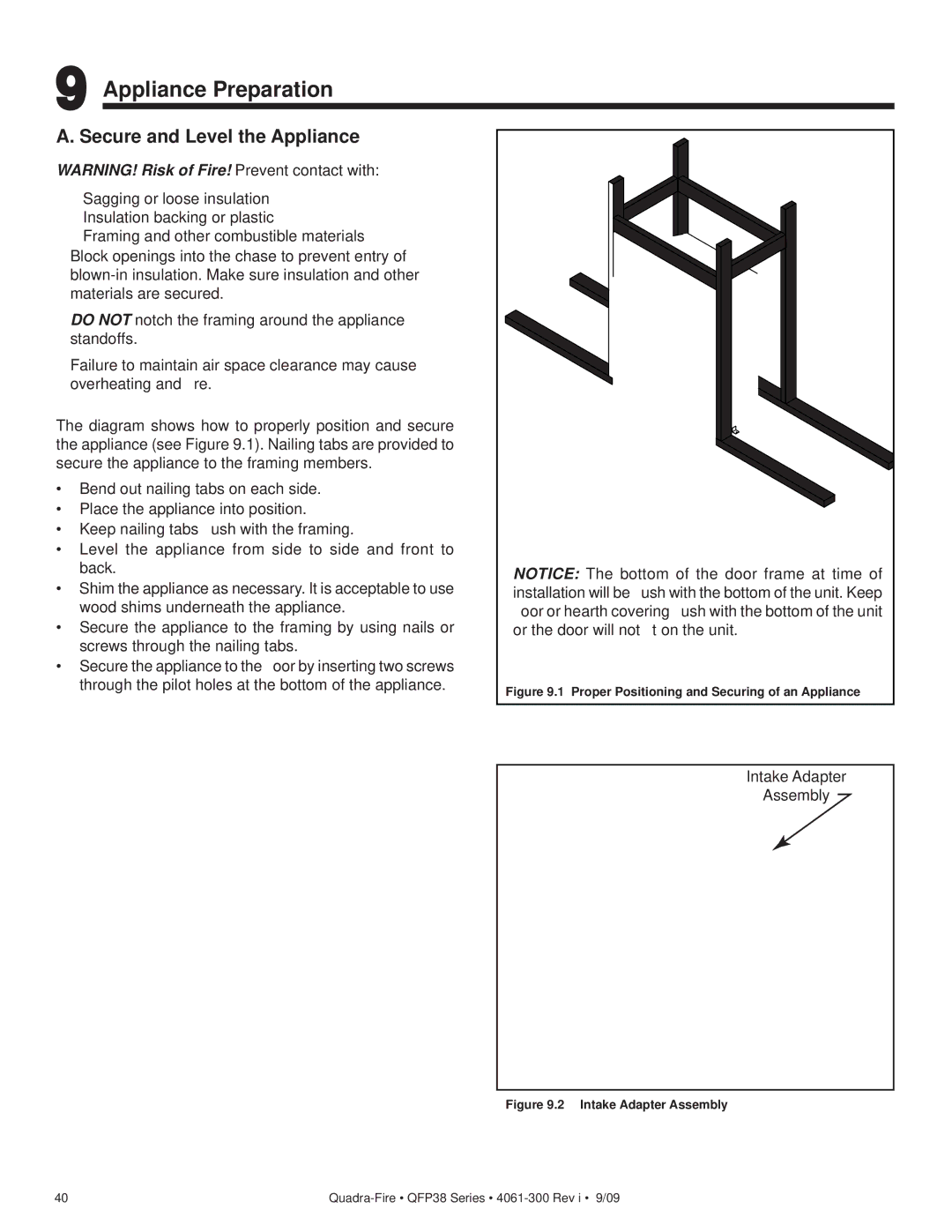 Quadra-Fire QFP38-NG, QFP38-LP owner manual Appliance Preparation, Secure and Level the Appliance, Intake Adapter Assembly 