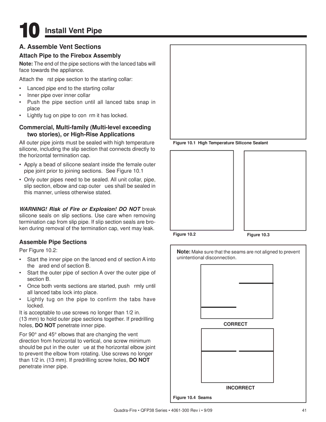 Quadra-Fire QFP38-LP, QFP38-NG owner manual Install Vent Pipe, Assemble Vent Sections, Attach Pipe to the Firebox Assembly 