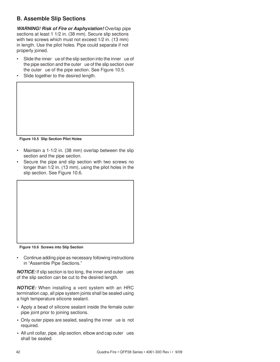 Quadra-Fire QFP38-NG, QFP38-LP owner manual Assemble Slip Sections, Slip Section Pilot Holes 