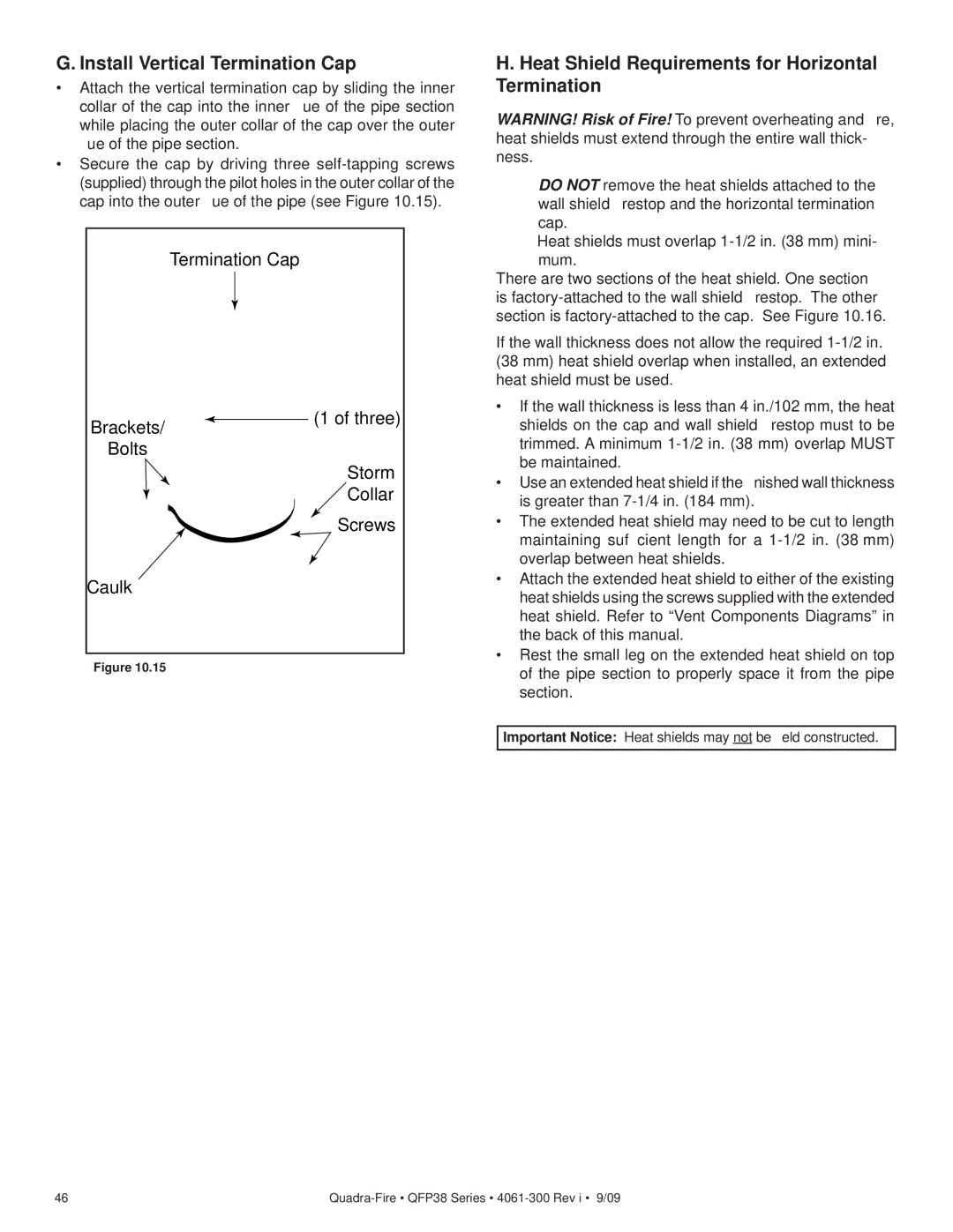 Quadra-Fire QFP38-NG, QFP38-LP Install Vertical Termination Cap, Heat Shield Requirements for Horizontal Termination 