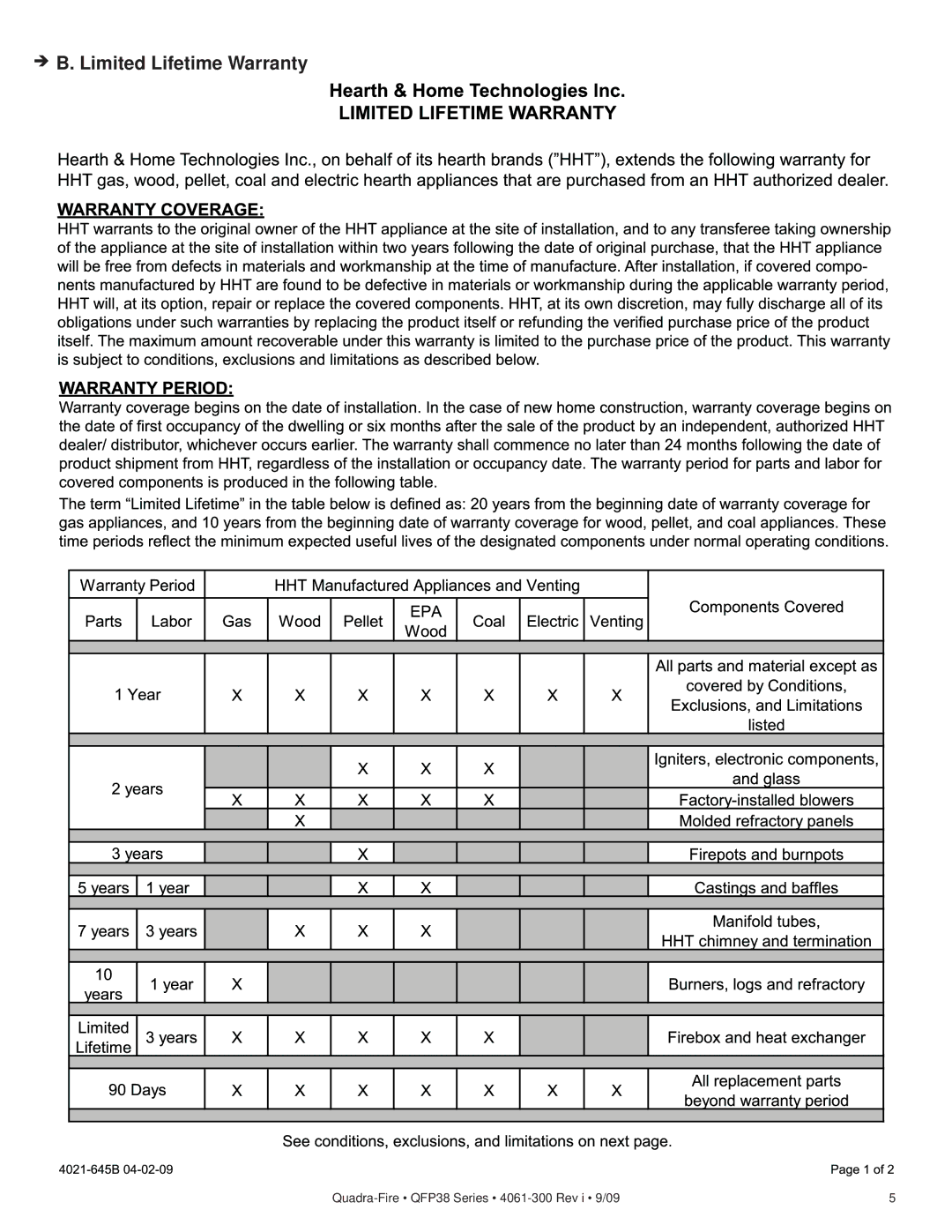 Quadra-Fire QFP38-LP, QFP38-NG owner manual Limited Lifetime Warranty 