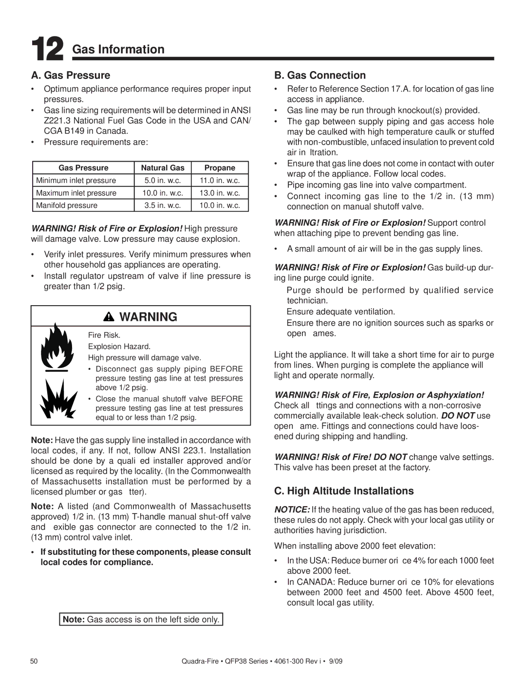 Quadra-Fire QFP38-NG, QFP38-LP owner manual Gas Information, Gas Pressure, Gas Connection 