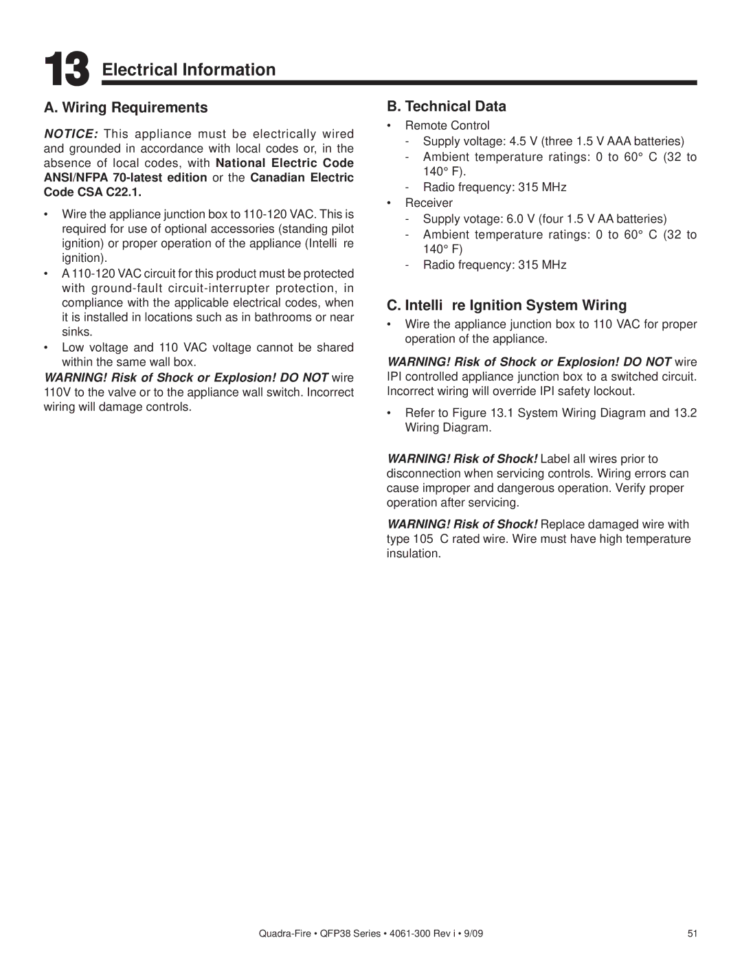 Quadra-Fire QFP38-LP Electrical Information, Wiring Requirements, Technical Data, Intelliﬁre Ignition System Wiring 