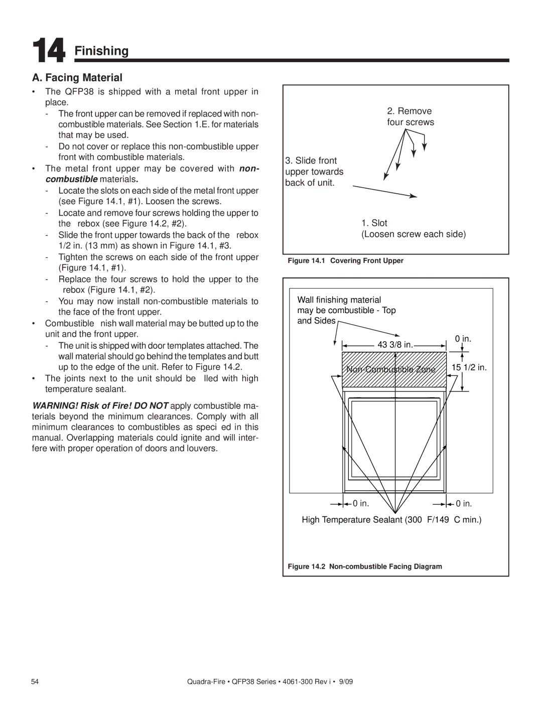 Quadra-Fire QFP38-NG, QFP38-LP owner manual Finishing, Facing Material, 43 3/8 