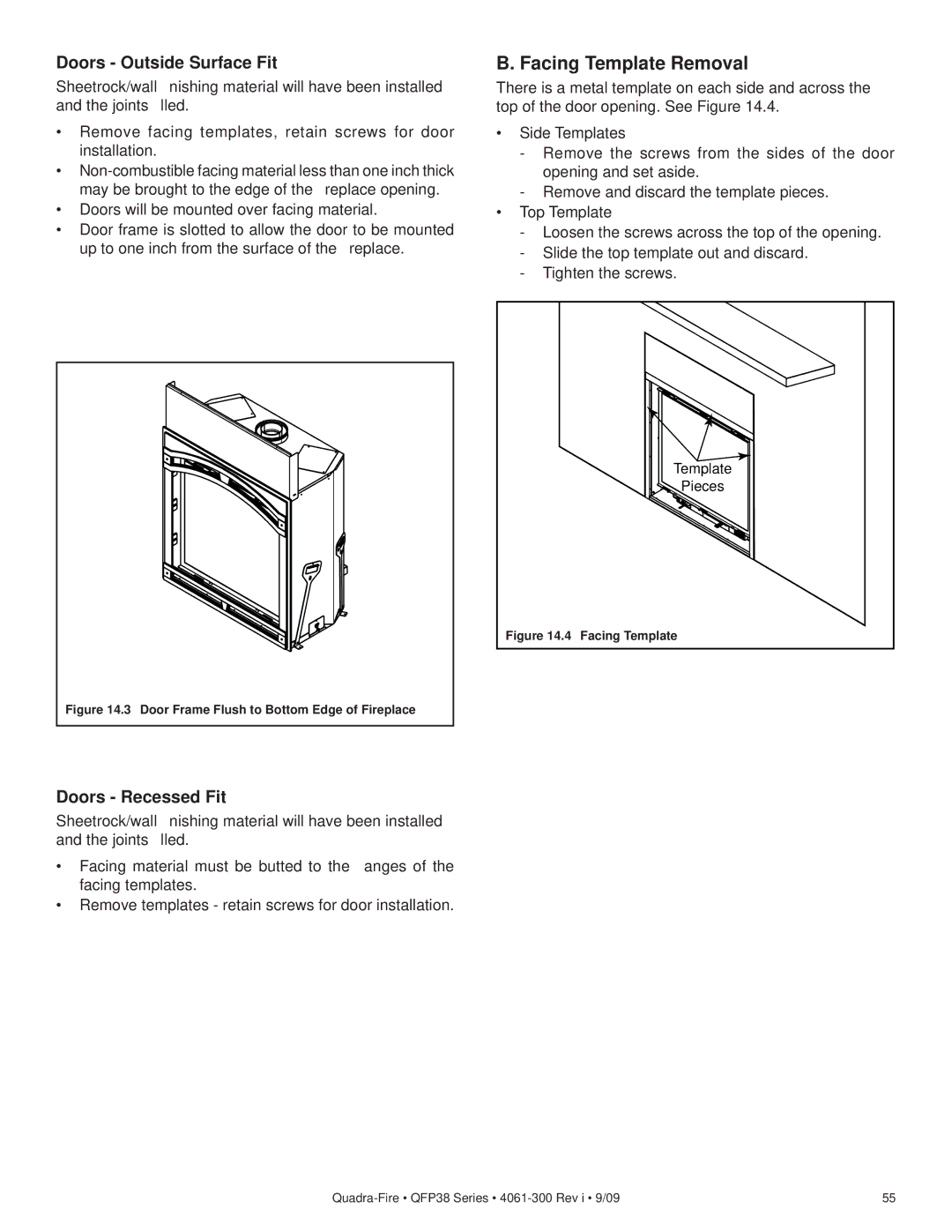 Quadra-Fire QFP38-LP, QFP38-NG owner manual Facing Template Removal, Doors Outside Surface Fit, Doors Recessed Fit 