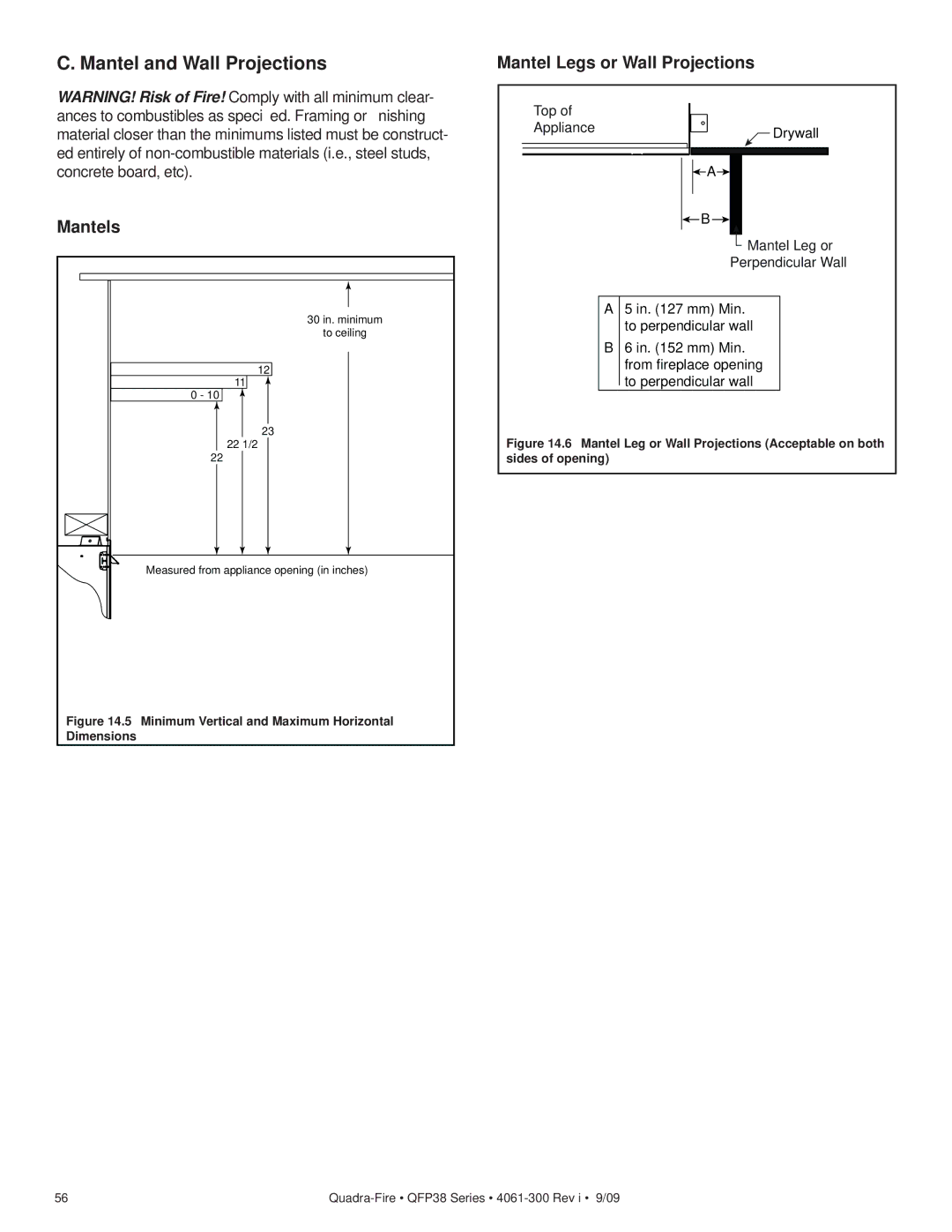 Quadra-Fire QFP38-NG, QFP38-LP owner manual Minimum Vertical and Maximum Horizontal Dimensions 