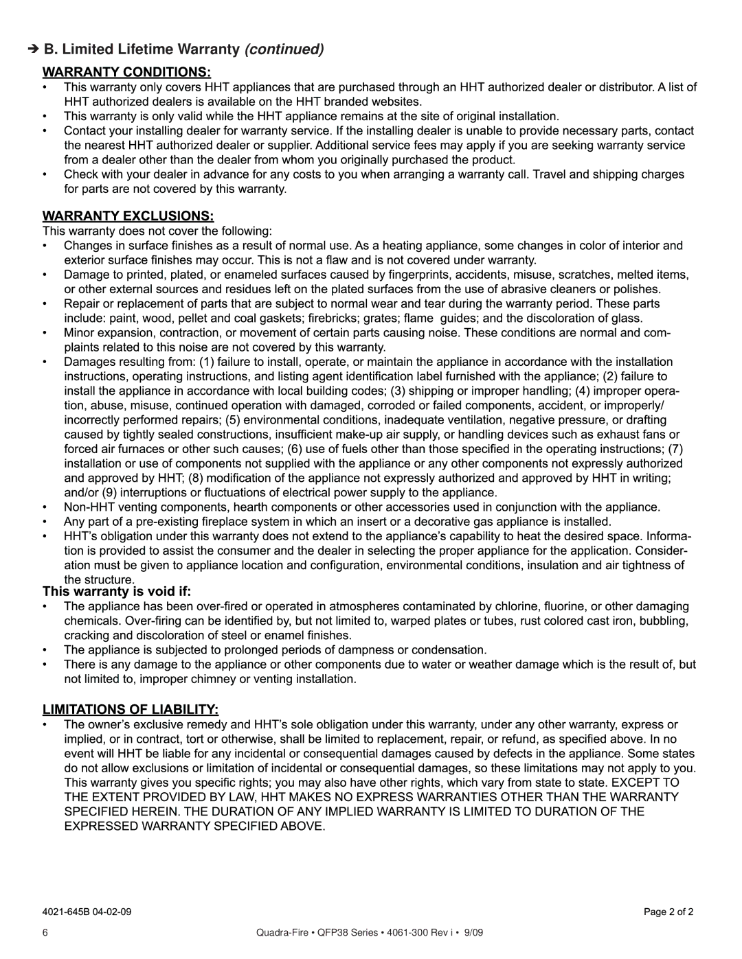 Quadra-Fire QFP38-NG, QFP38-LP owner manual Limited Lifetime Warranty 