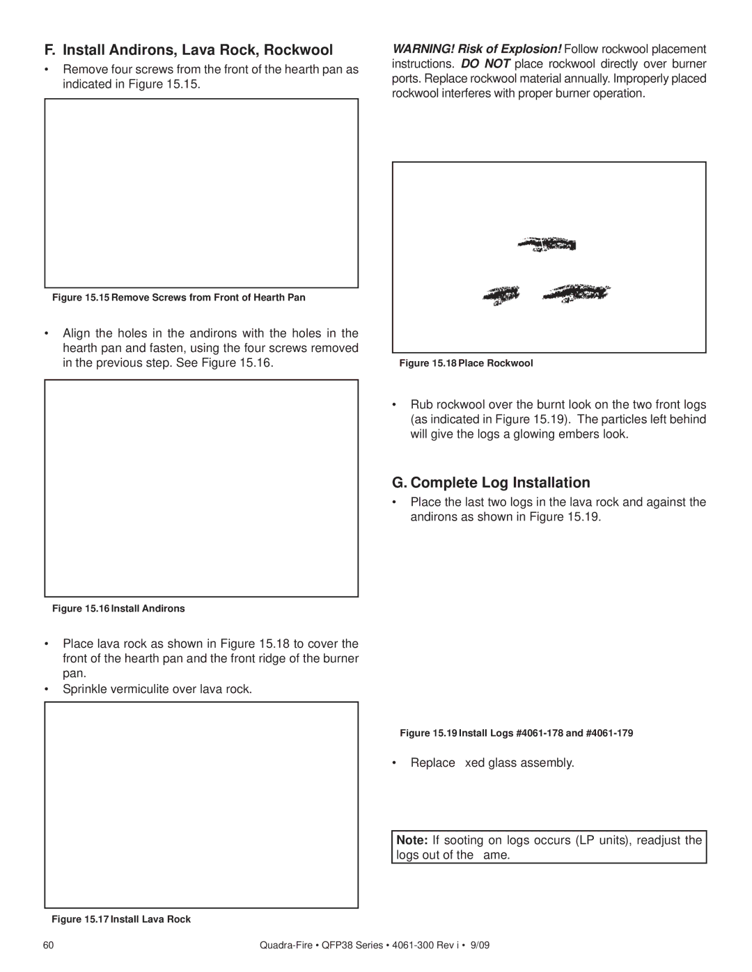 Quadra-Fire QFP38-NG, QFP38-LP owner manual Install Andirons, Lava Rock, Rockwool, Complete Log Installation 
