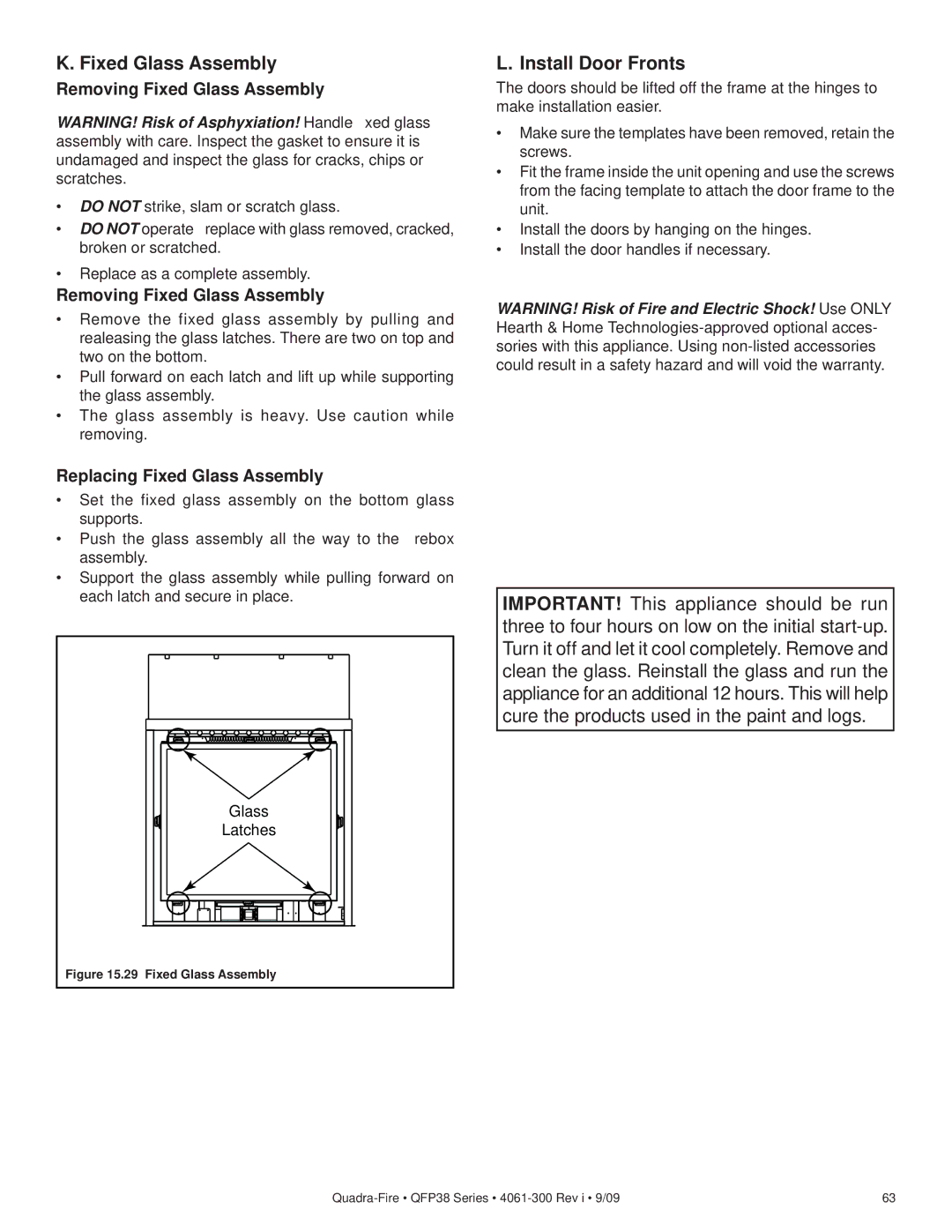 Quadra-Fire QFP38-LP, QFP38-NG Install Door Fronts, Removing Fixed Glass Assembly, Replacing Fixed Glass Assembly 