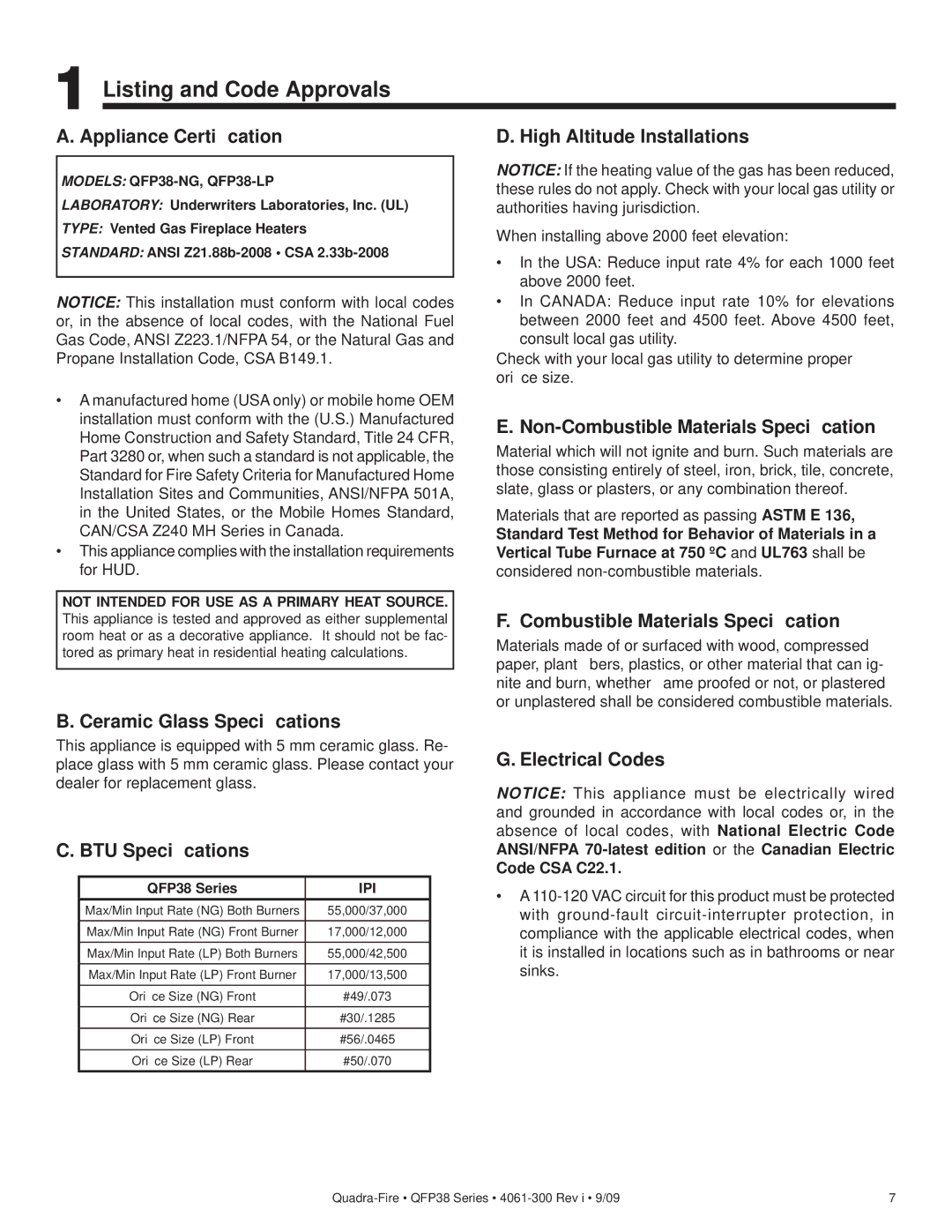 Quadra-Fire QFP38-LP, QFP38-NG owner manual Listing and Code Approvals 