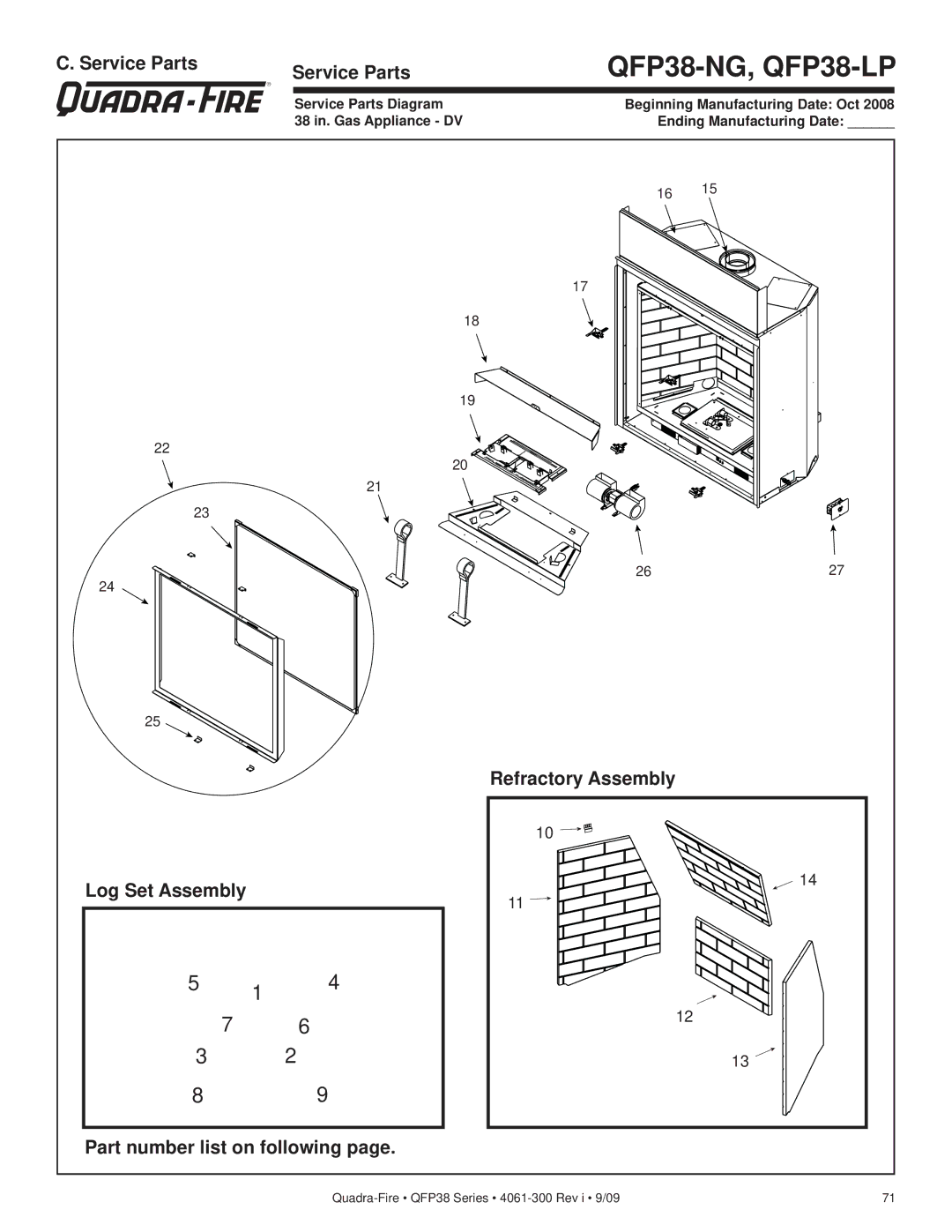 Quadra-Fire owner manual QFP38-NG, QFP38-LP, Service Parts 